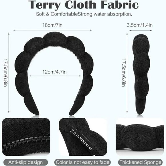 Ztomine Spa Headbands - Set of 2 Terry Cloth Facial Headbands Black - Picture 2 of 7
